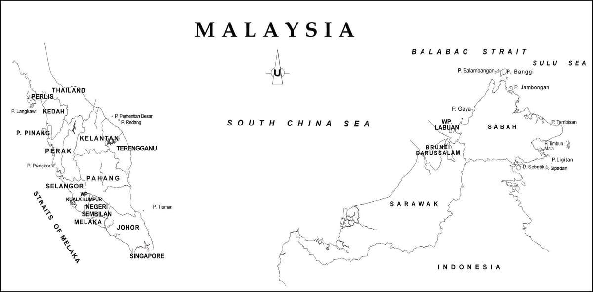 bản đồ của phác thảo bản đồ của malaysia với nước ranh giới